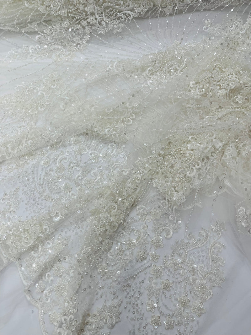 Royalty Damask Beaded Lace Luxury on Mesh, by The Yard.