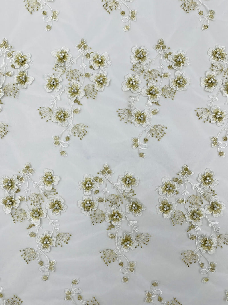 Multi Color 3D Floral Design Embroider with Pearls in a Mesh Lace Fabric -Sold by the yard.