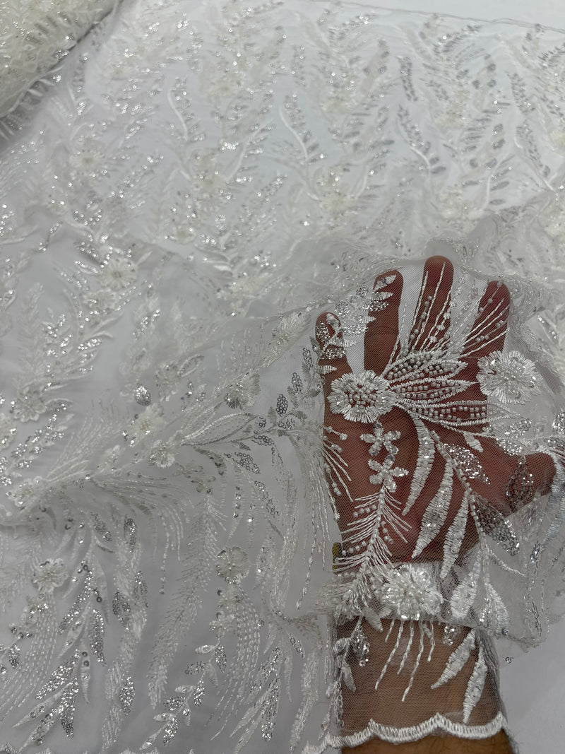 Feather and Vine Beaded Lace Fabric, by The Yard