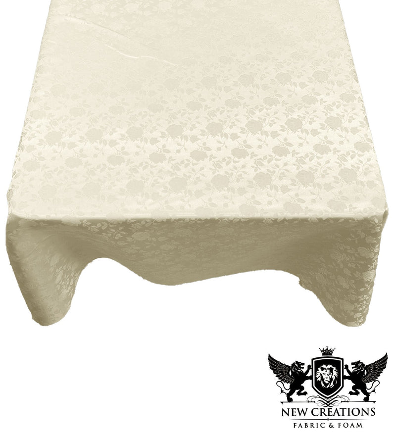 Ivory Square Tablecloth Roses Jacquard Satin Overlay for Small Coffee Table Seamless. (58" Inches x 58" Inches)