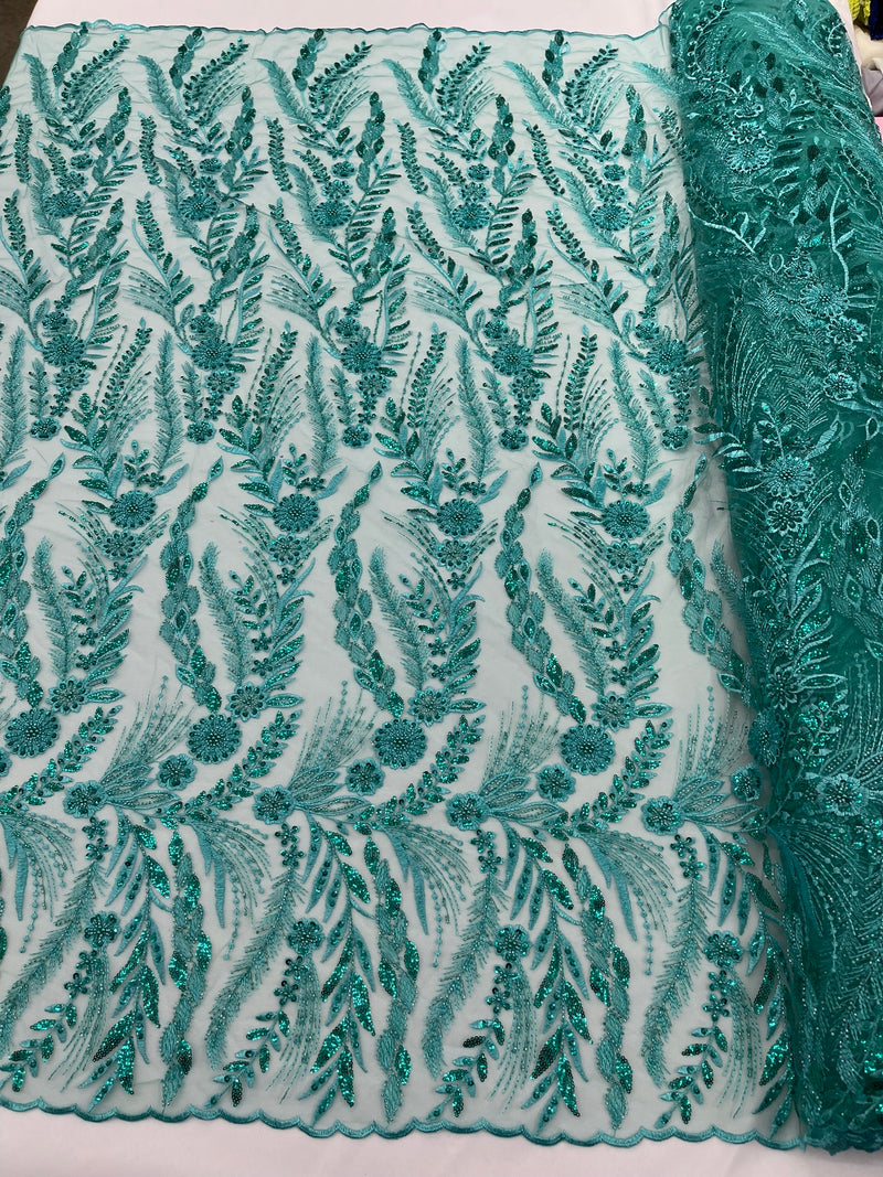 Feather and Vine Beaded Lace Fabric, by The Yard