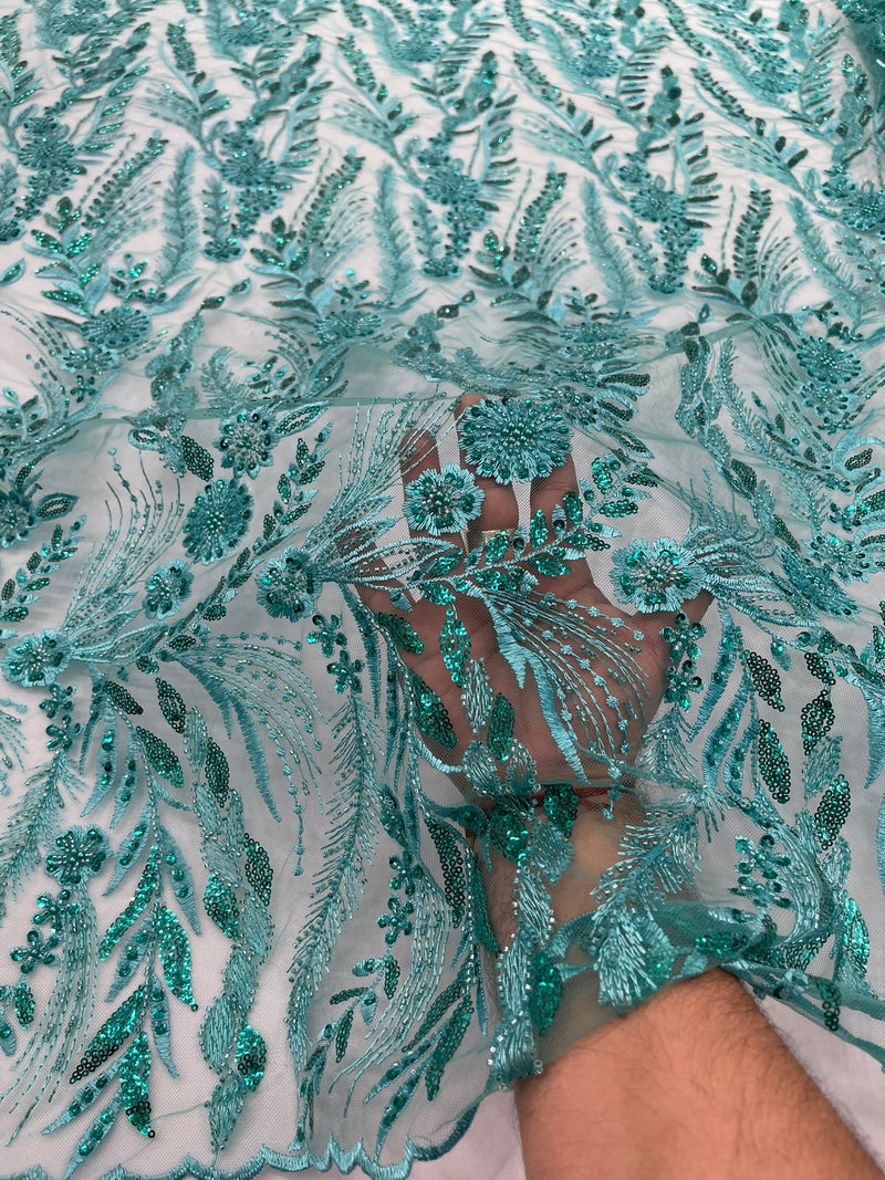 Feather and Vine Beaded Lace Fabric, by The Yard