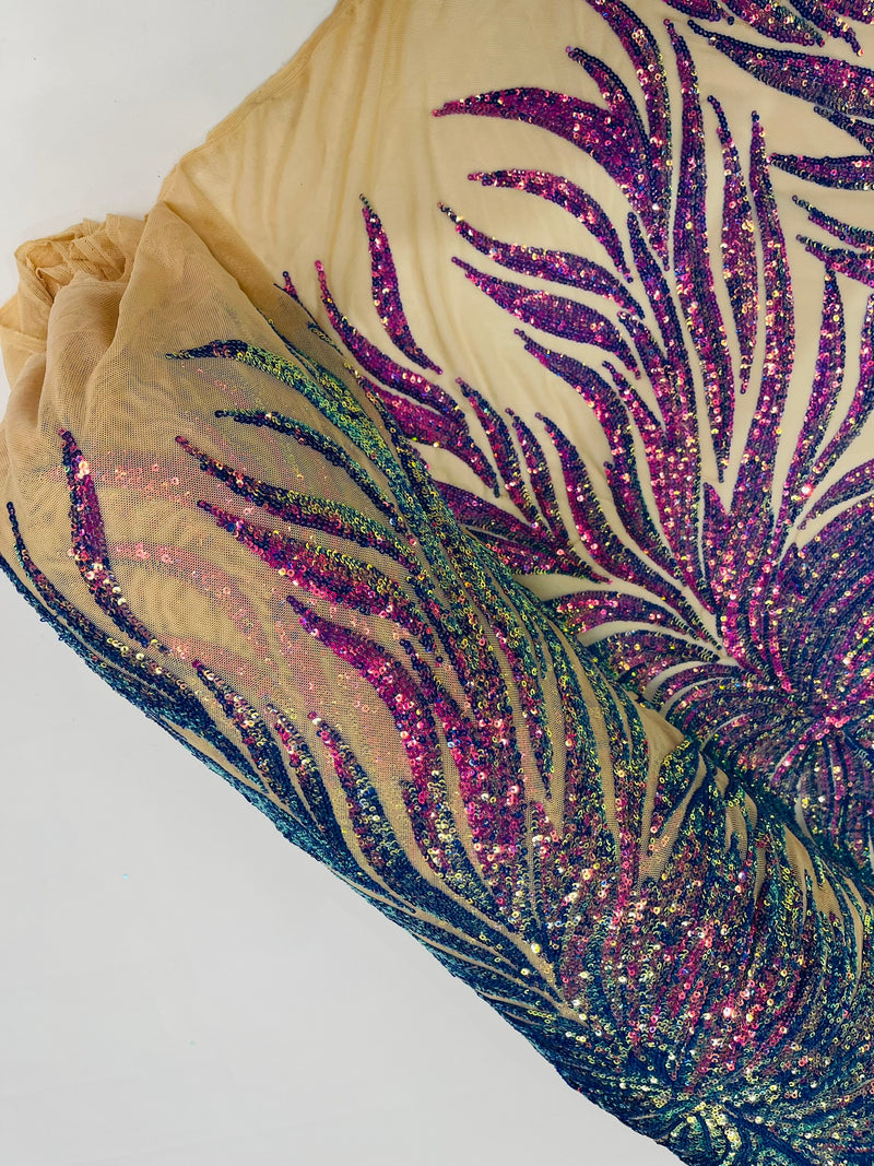 PHOENIX FEATHER SEQUIN ON STRETCH MESH FABRIC (By The Yard)