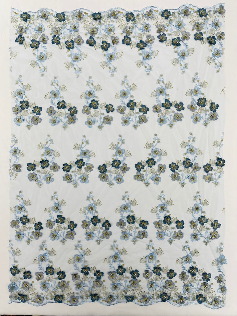 Multi Color 3D Floral Design Embroider with Pearls in a Mesh Lace Fabric -Sold by the yard.