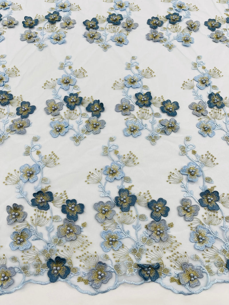 Multi Color 3D Floral Design Embroider with Pearls in a Mesh Lace Fabric -Sold by the yard.