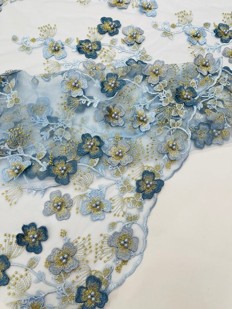 Multi Color 3D Floral Design Embroider with Pearls in a Mesh Lace Fabric -Sold by the yard.