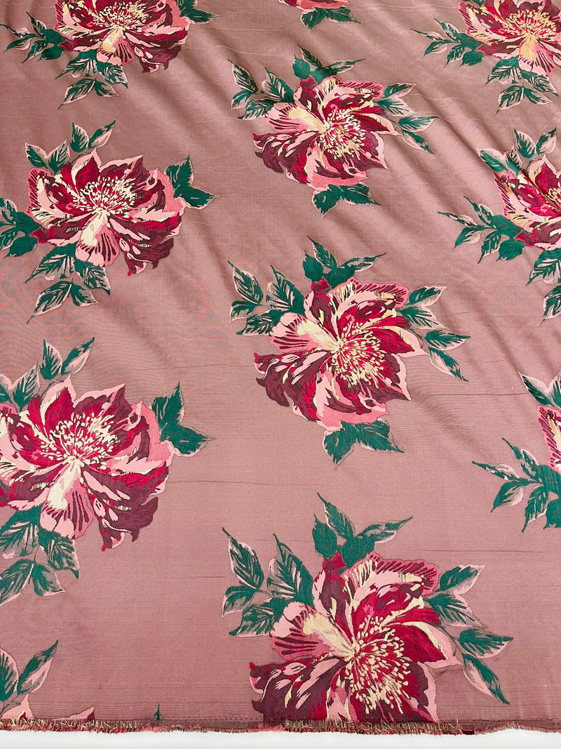 Multi Floral Color Jacquard Satin, Sold by The Yard.