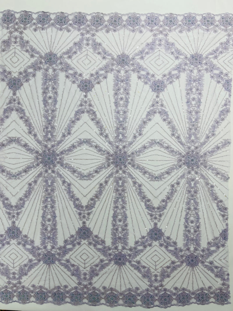Luxury Bridal Fabric with Geometric Beading on a mesh, by The Yard.