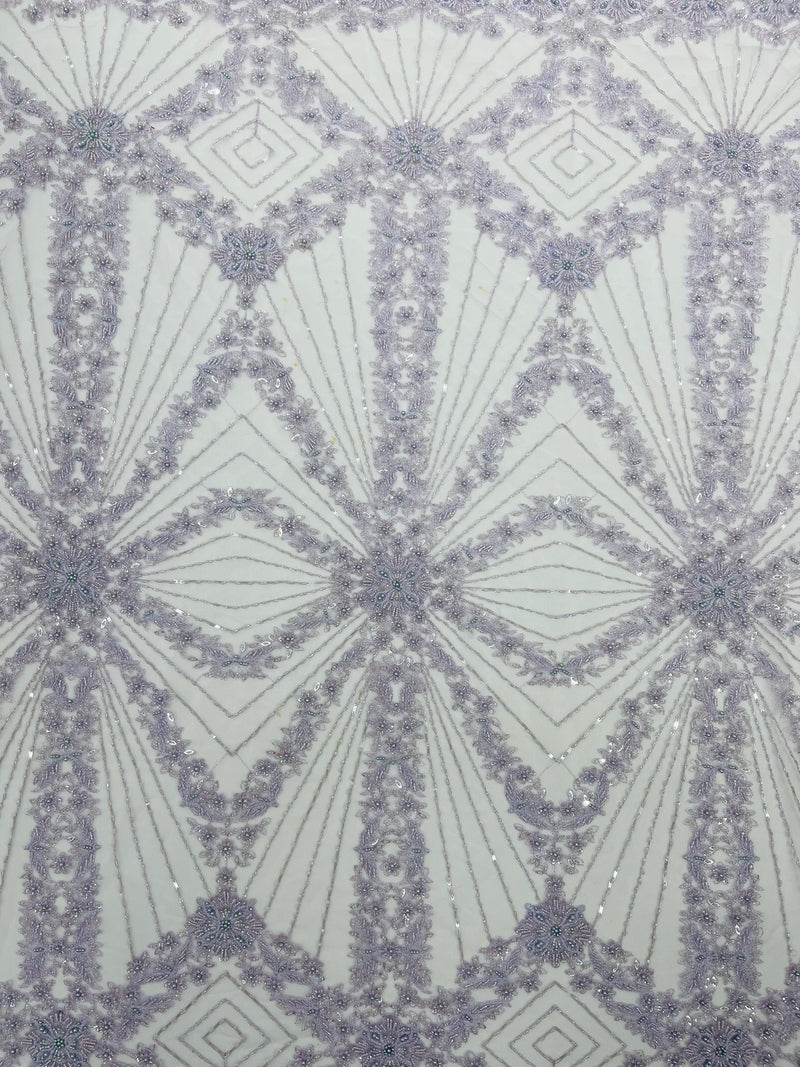 Luxury Bridal Fabric with Geometric Beading on a mesh, by The Yard.