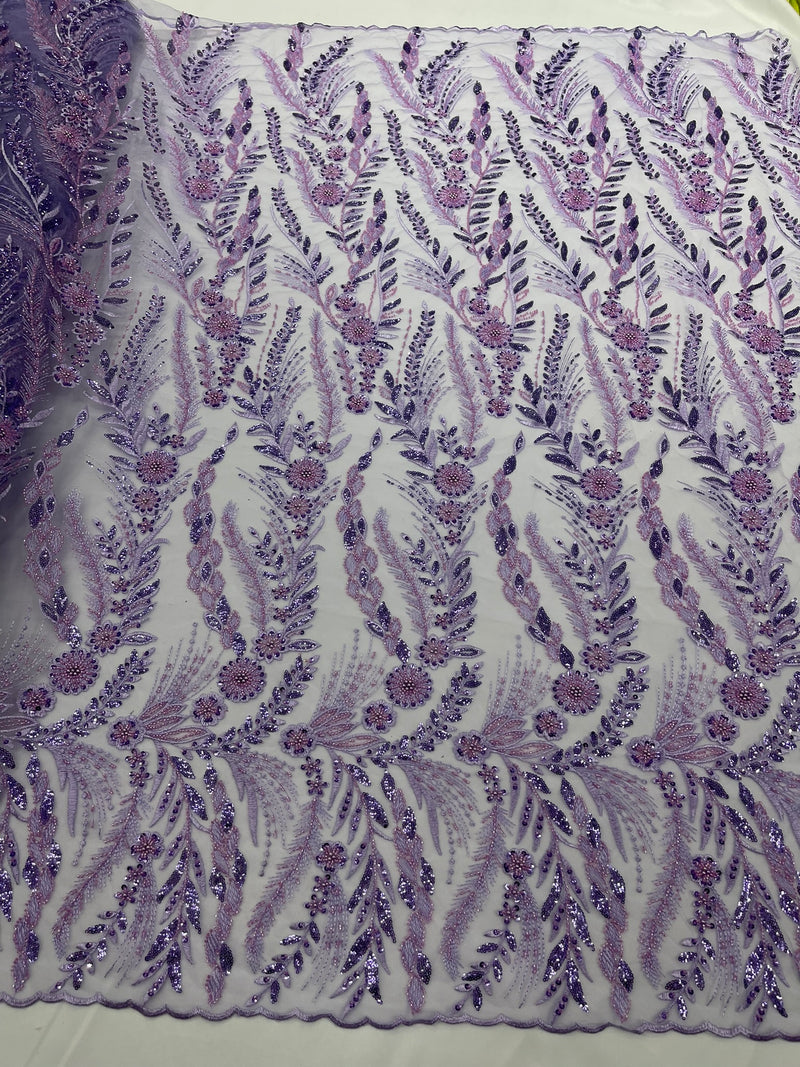 Feather and Vine Beaded Lace Fabric, by The Yard