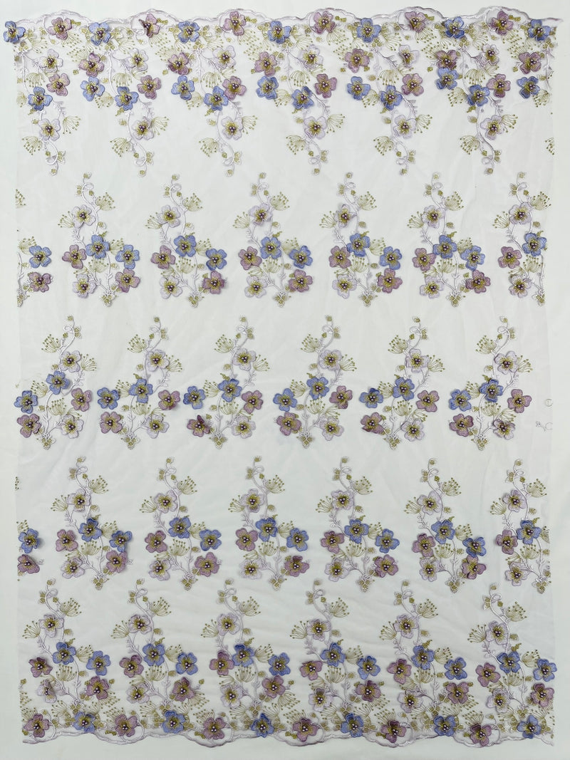Multi Color 3D Floral Design Embroider with Pearls in a Mesh Lace Fabric -Sold by the yard.