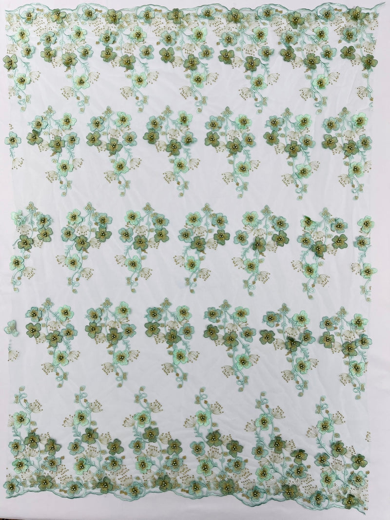 Multi Color 3D Floral Design Embroider with Pearls in a Mesh Lace Fabric -Sold by the yard.