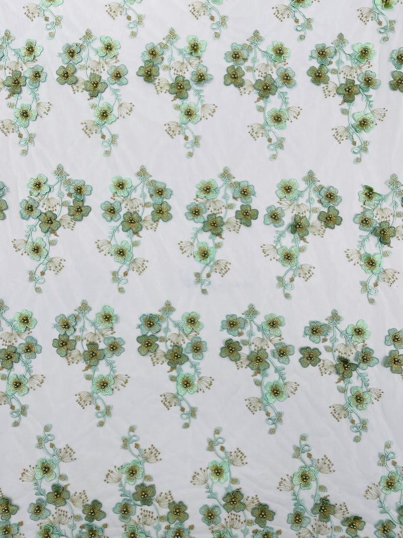 Multi Color 3D Floral Design Embroider with Pearls in a Mesh Lace Fabric -Sold by the yard.