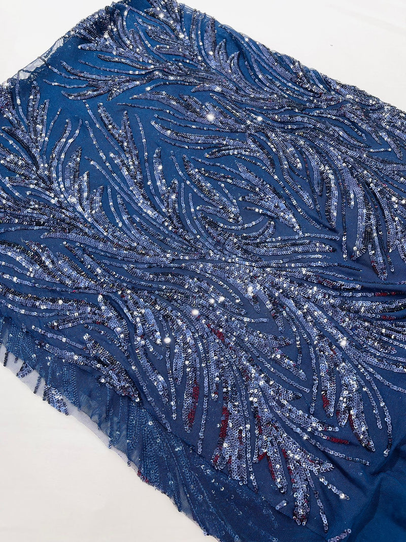 Feather Wing Shiny Sequin Design on a 4 Way Stretch mesh Fabric-Prom-Sold by The Yard.