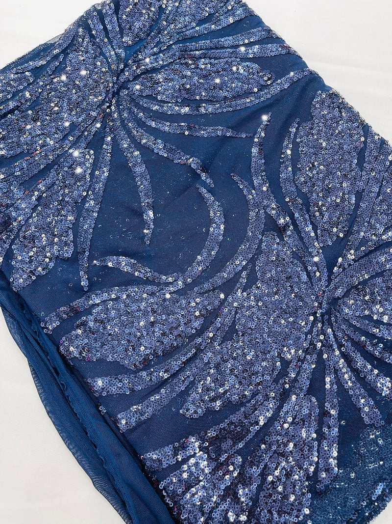 Feather damask shiny sequin design on a 4 way stretch mesh Fabric-prom-sold by The yard.