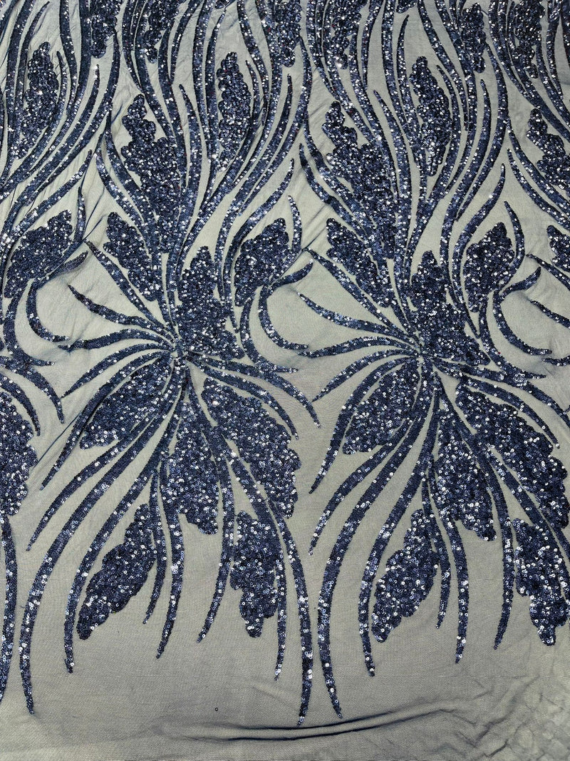 Feather damask shiny sequin design on a 4 way stretch mesh Fabric-prom-sold by The yard.