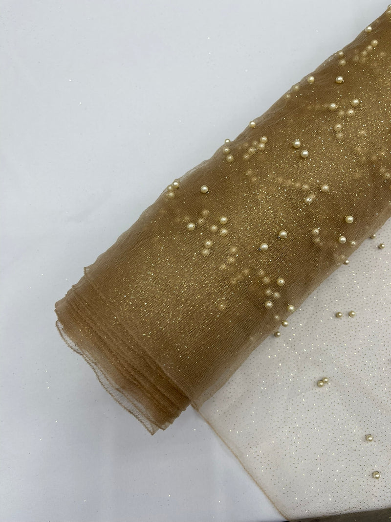 Pearl Glitter Studded Mesh, 2-Way Stretch Shimmer Mesh Fabric, Sold by the yard.