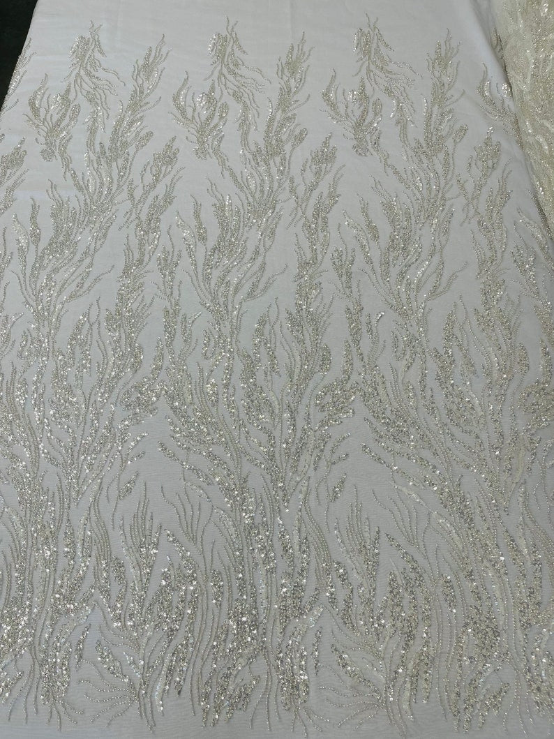 FANCY BEADED LACE ON MESH FABRIC (By The Yard)