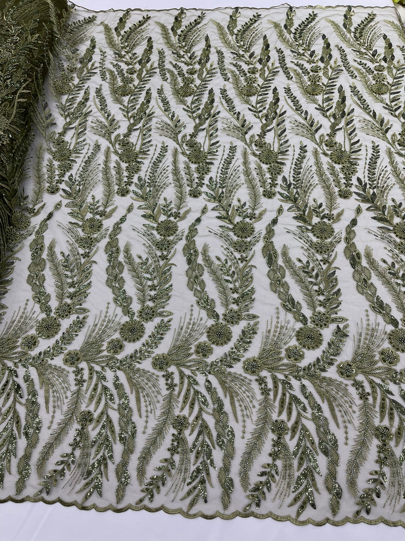 Feather and Vine Beaded Lace Fabric, by The Yard
