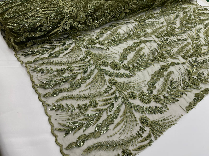 Feather and Vine Beaded Lace Fabric, by The Yard