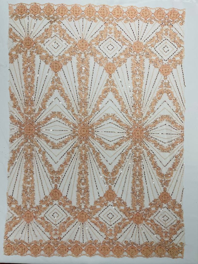 Luxury Bridal Fabric with Geometric Beading on a mesh, by The Yard.
