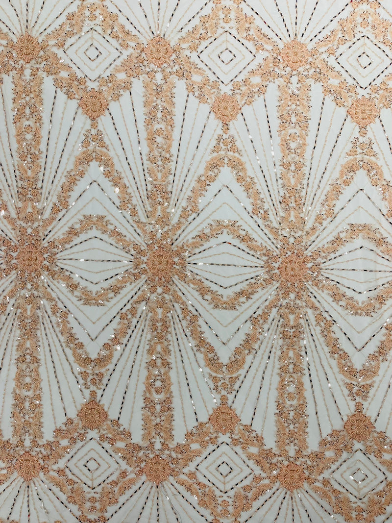 Luxury Bridal Fabric with Geometric Beading on a mesh, by The Yard.