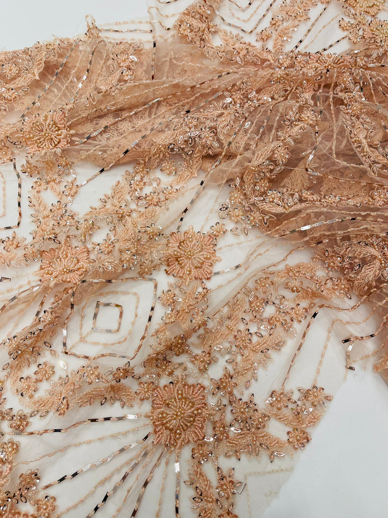 Luxury Bridal Fabric with Geometric Beading on a mesh, by The Yard.