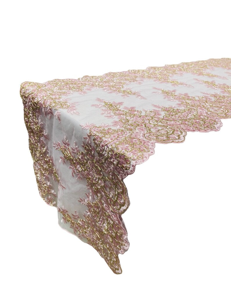 14"Wide X 90"Long Sequins Metallic Embroidered Lace on Mesh Fabric, Trim Lace, Table Runner.