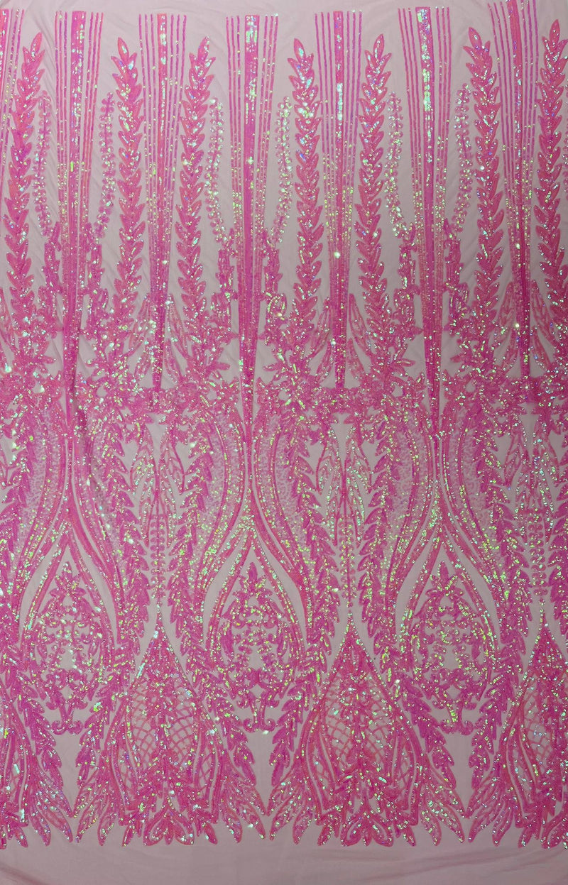 Damask design with sequins embroider on a 4 way stretch mesh fabric.