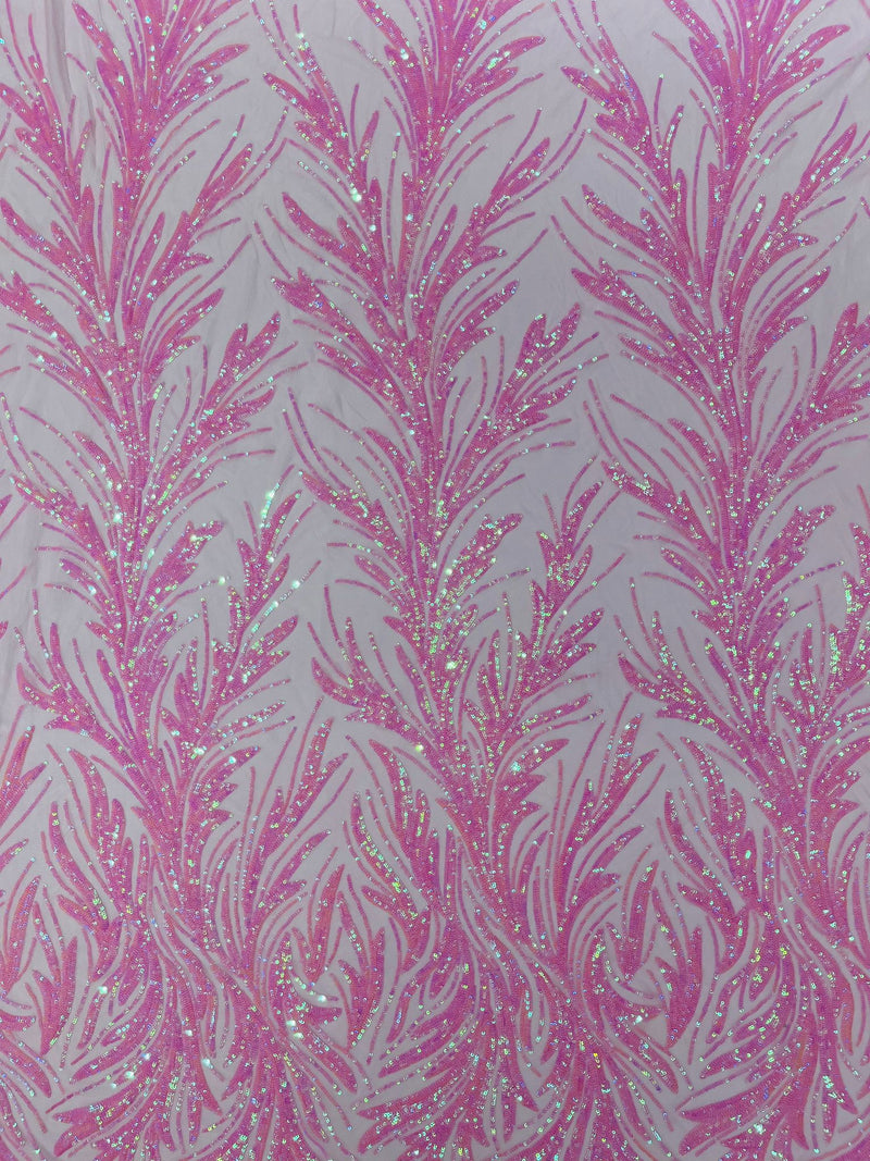 Feather Wing Shiny Sequin Design on a 4 Way Stretch mesh Fabric-Prom-Sold by The Yard.