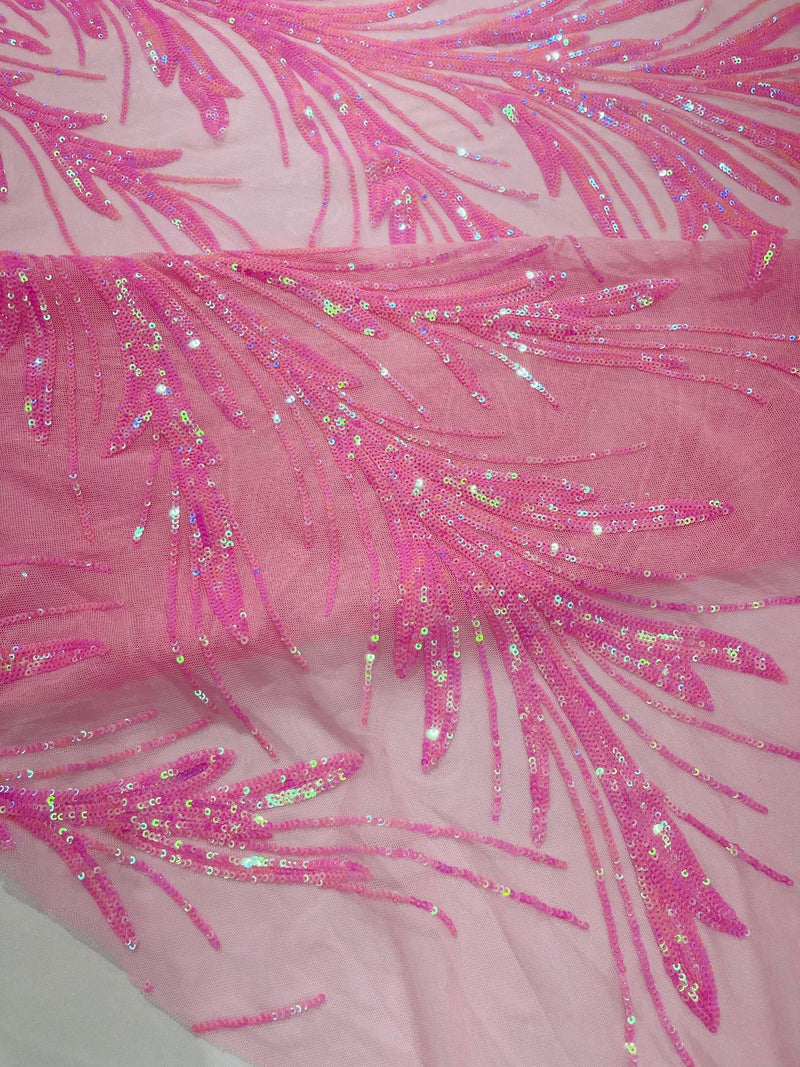 Feather Wing Shiny Sequin Design on a 4 Way Stretch mesh Fabric-Prom-Sold by The Yard.