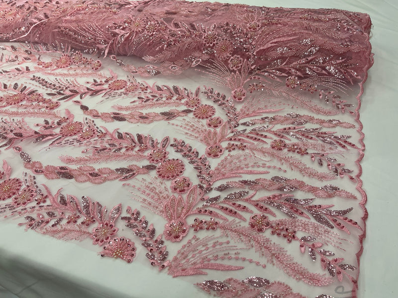 Feather and Vine Beaded Lace Fabric, by The Yard