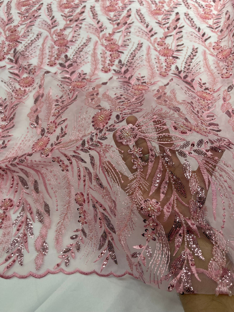 Feather and Vine Beaded Lace Fabric, by The Yard