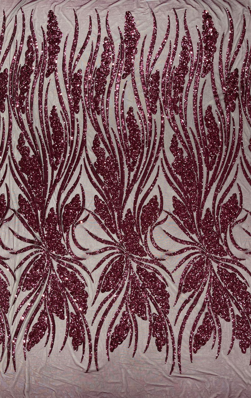 Feather damask shiny sequin design on a 4 way stretch mesh Fabric-prom-sold by The yard.