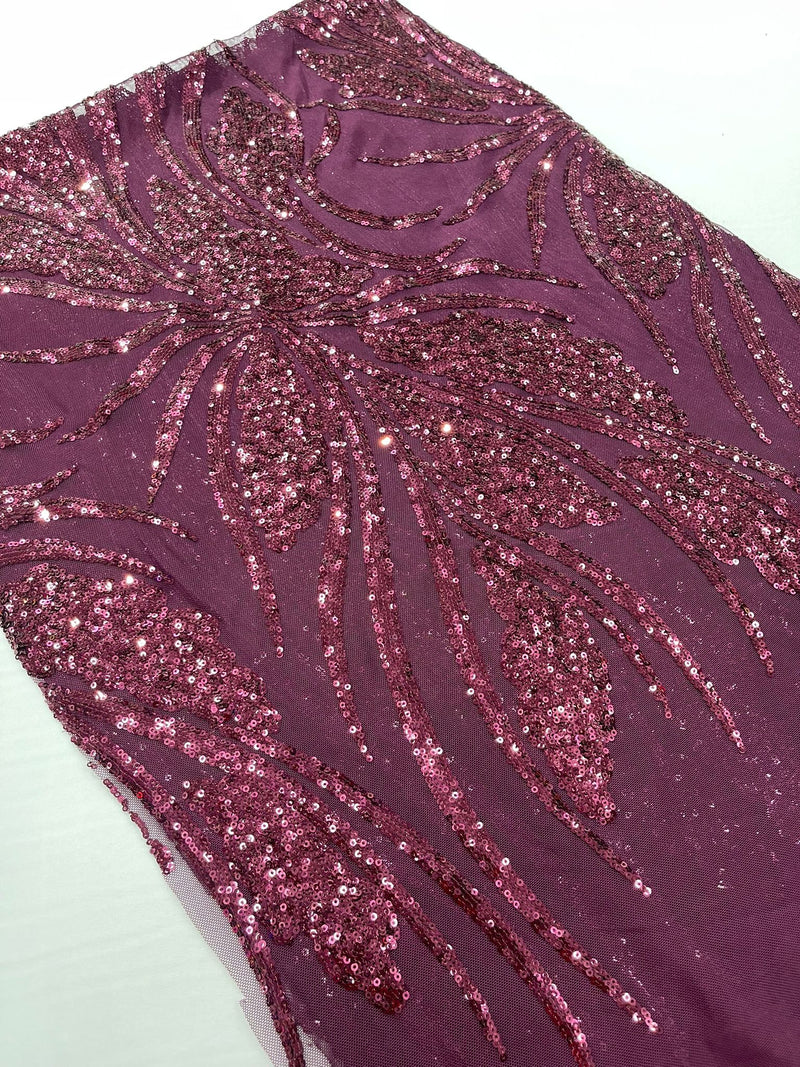 Feather damask shiny sequin design on a 4 way stretch mesh Fabric-prom-sold by The yard.