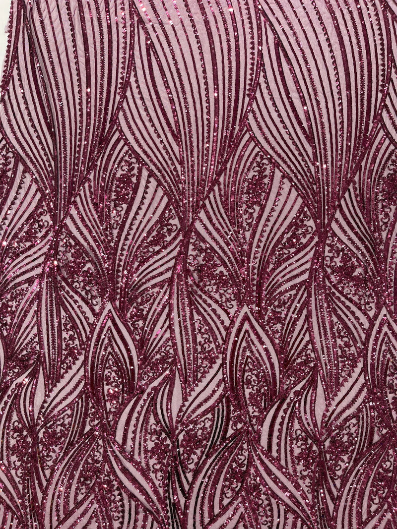 Geometric Feather wing shiny sequin design on a 4 way stretch mesh Fabric-prom-sold by the yard.