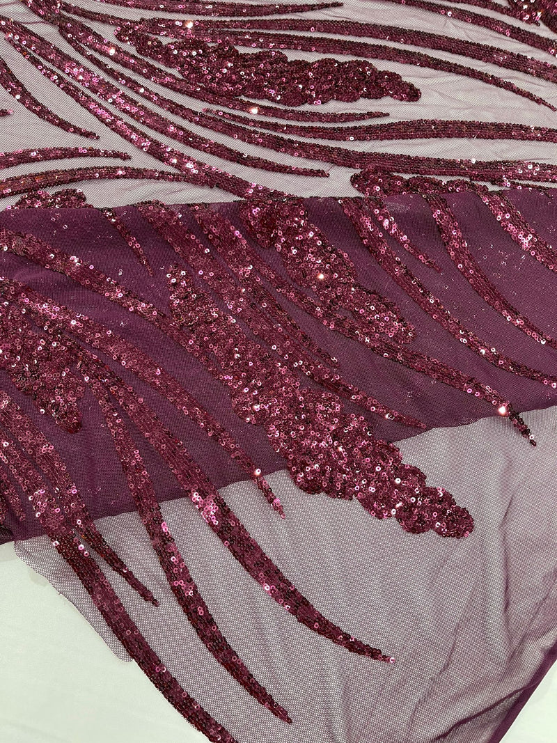 Feather damask shiny sequin design on a 4 way stretch mesh Fabric-prom-sold by The yard.