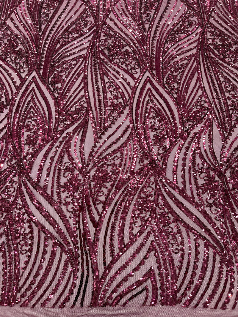 Geometric Feather wing shiny sequin design on a 4 way stretch mesh Fabric-prom-sold by the yard.