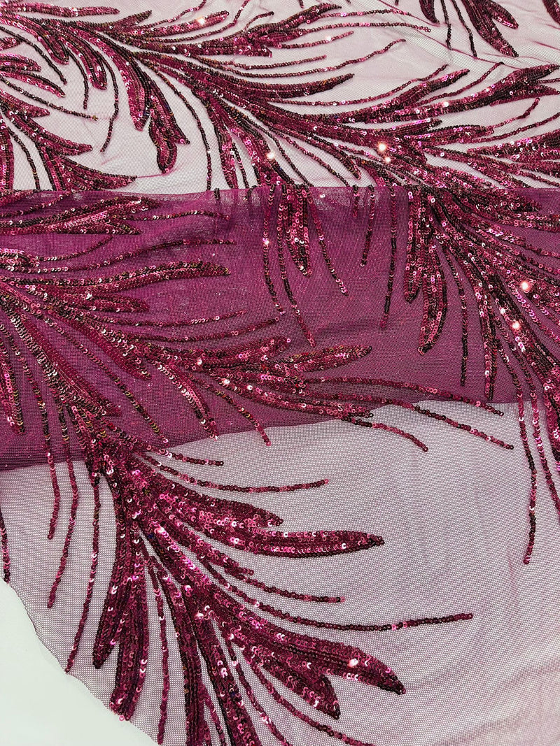 Feather Wing Shiny Sequin Design on a 4 Way Stretch mesh Fabric-Prom-Sold by The Yard.