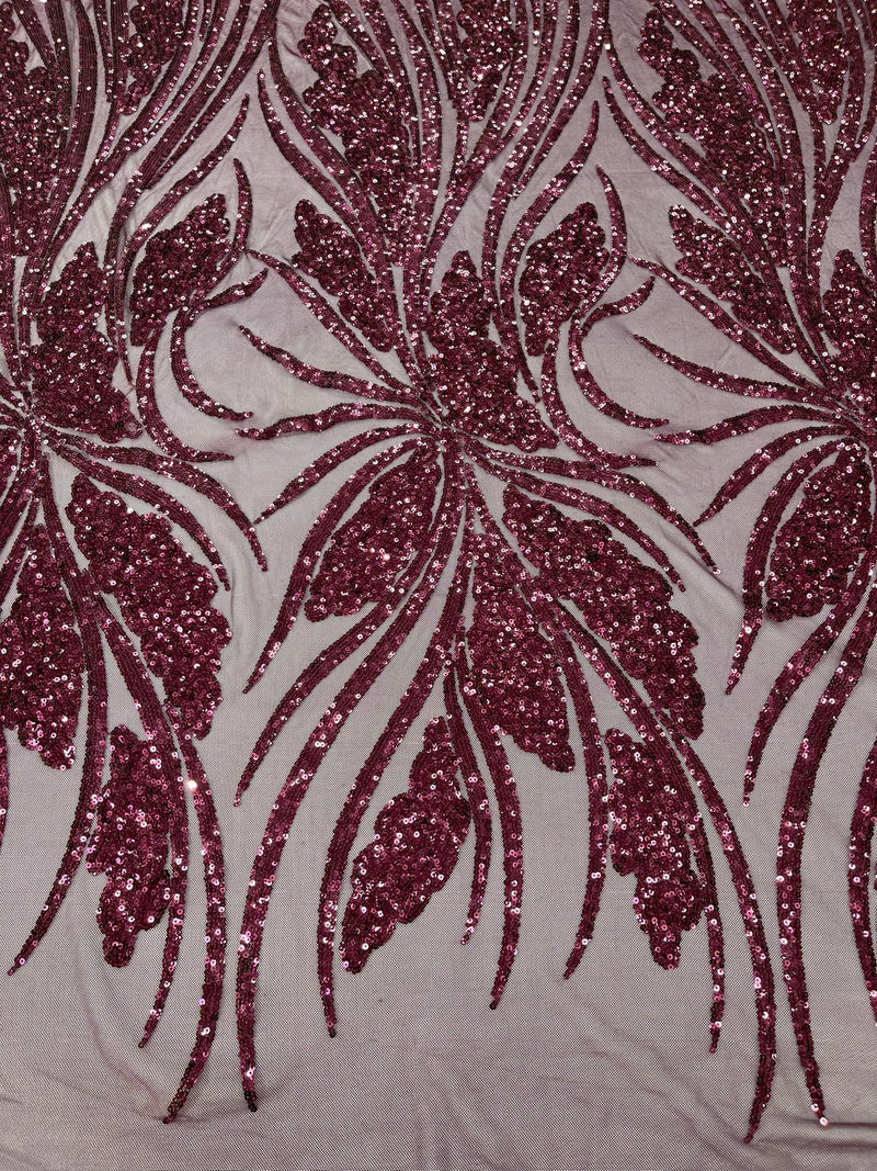 Feather damask shiny sequin design on a 4 way stretch mesh Fabric-prom-sold by The yard.