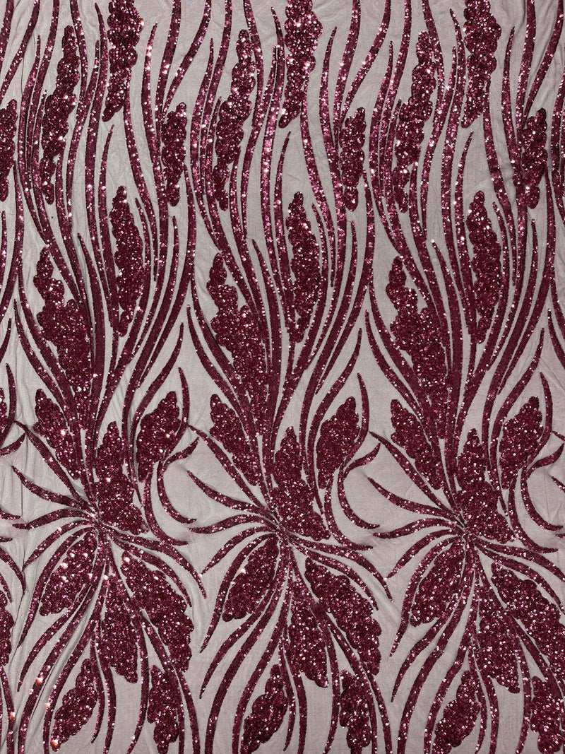 Feather damask shiny sequin design on a 4 way stretch mesh Fabric-prom-sold by The yard.