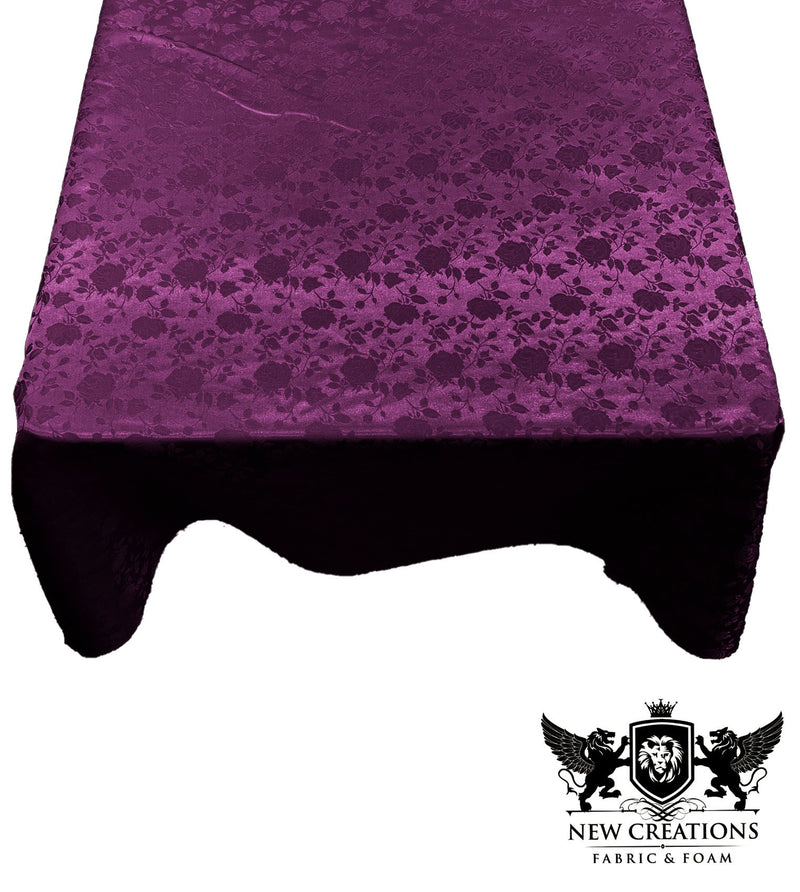 Plum Square Tablecloth Roses Jacquard Satin Overlay for Small Coffee Table Seamless. (58" Inches x 58" Inches)