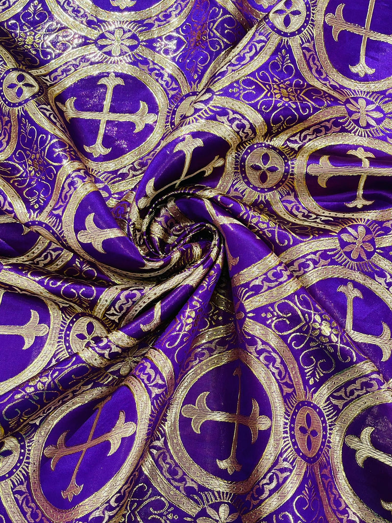 Purple/Gold - Rectangular Metallic Cross Brocade Jacquard Satin Tablecloth Overlay/Religious Brocade/Liturgical Fabric/Church.