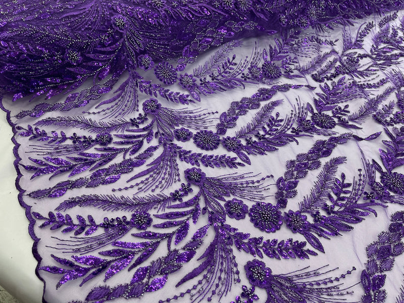 Feather and Vine Beaded Lace Fabric, by The Yard