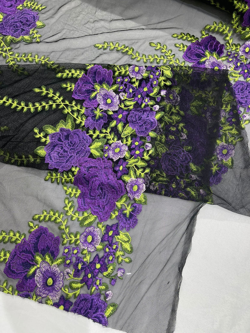Roses Multi Color Floral Design Embroider On Mesh Lace Fabric (by the yard)