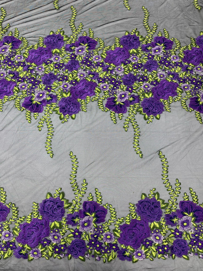 Roses Multi Color Floral Design Embroider On Mesh Lace Fabric (by the yard)