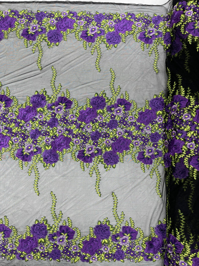 Roses Multi Color Floral Design Embroider On Mesh Lace Fabric (by the yard)
