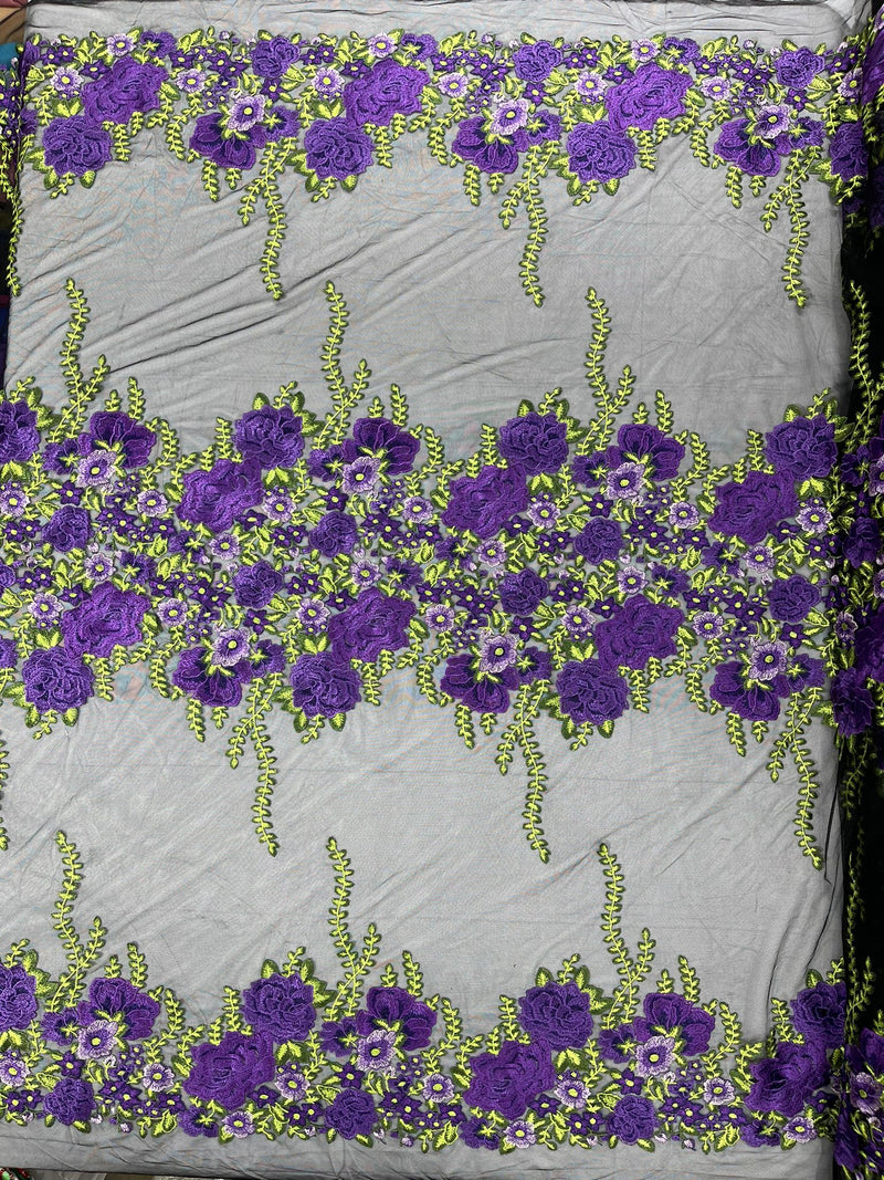 Roses Multi Color Floral Design Embroider On Mesh Lace Fabric (by the yard)