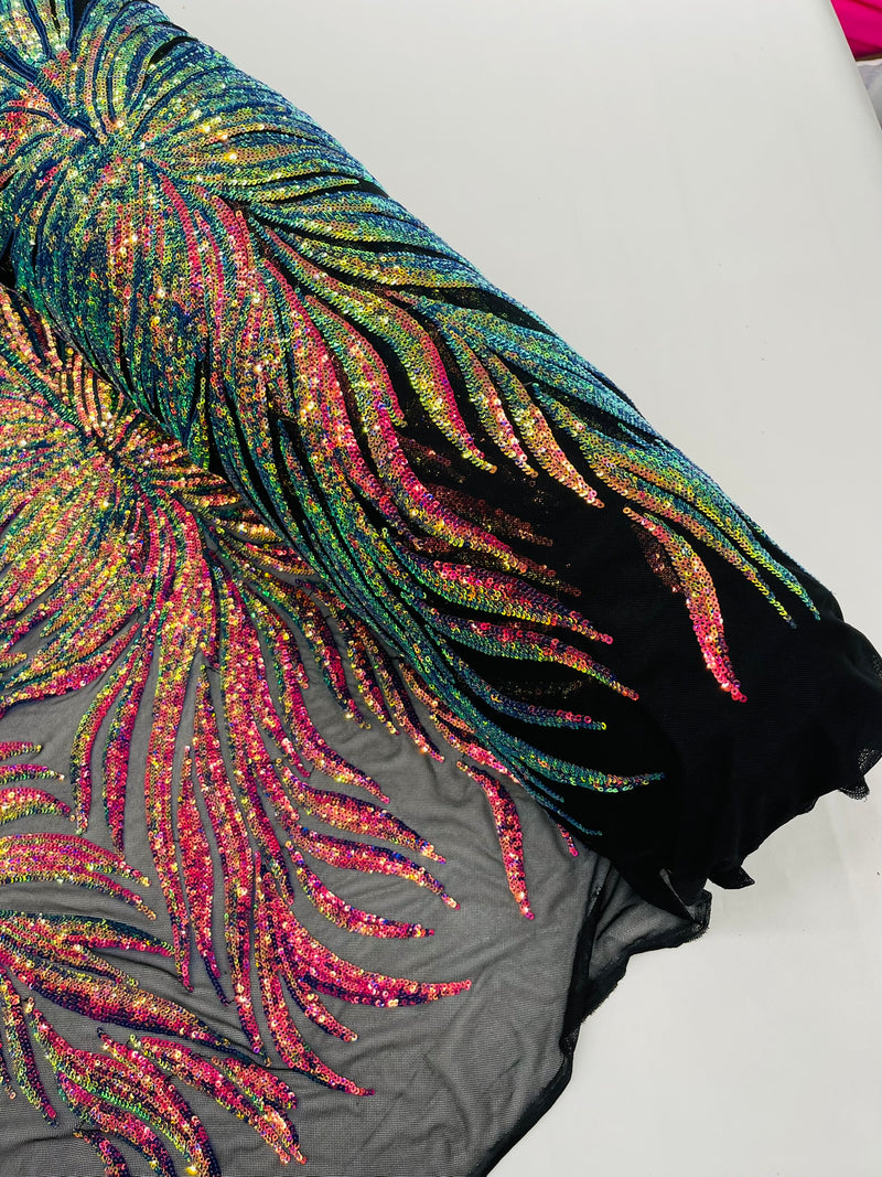PHOENIX FEATHER SEQUIN ON STRETCH MESH FABRIC (By The Yard)