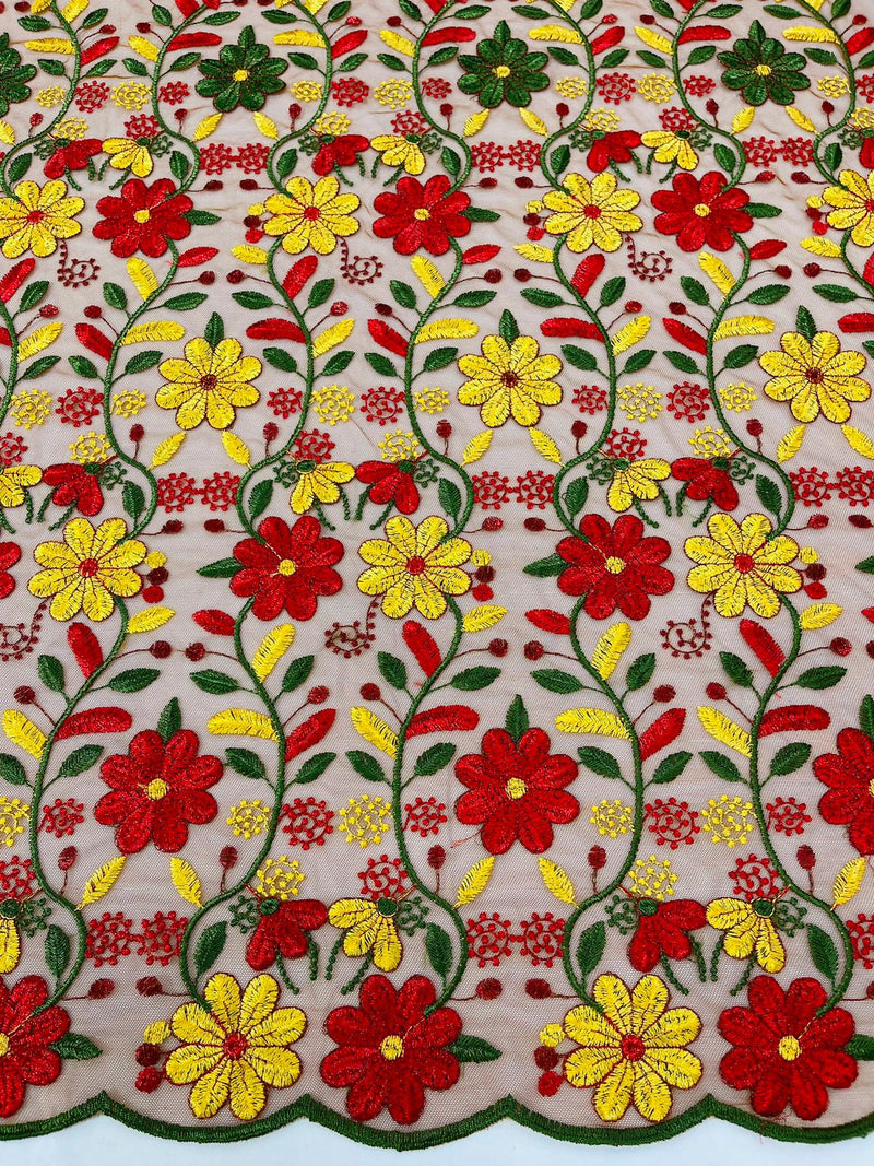 Oaxaca multi color Mexican Sarape floral design embroider mesh lace-sold by the yard.